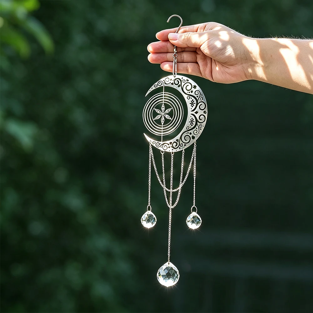 Mystical Celestial Wind Spinner Suncatcher Hanging Snowflake Crescent with Layered Chain Crystal Prisms Ball Boho Window Decor