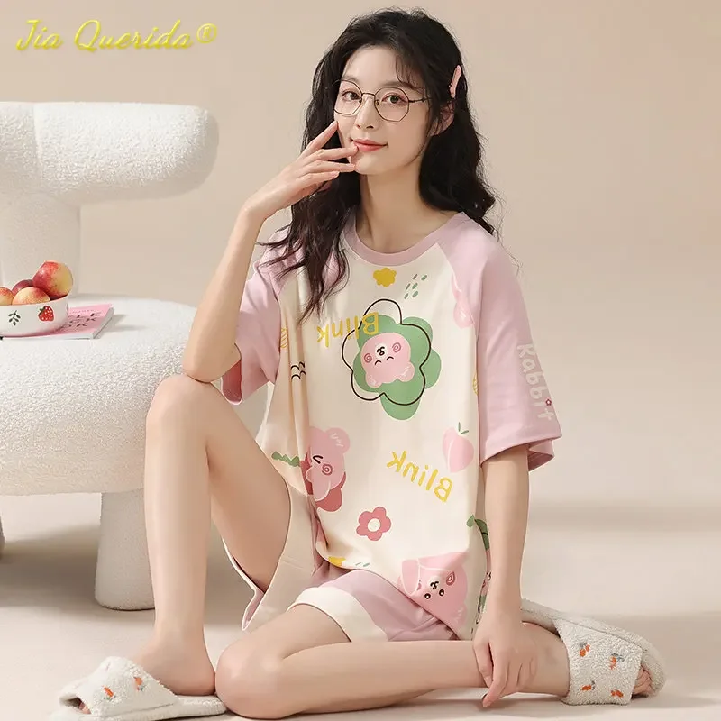 Kawaii Rabbit Print Women\'s Pajamas Set 100% Cotton High Quality Pijamas Short Sleeve Nightwear Fashion Lingerie Sleep Wear