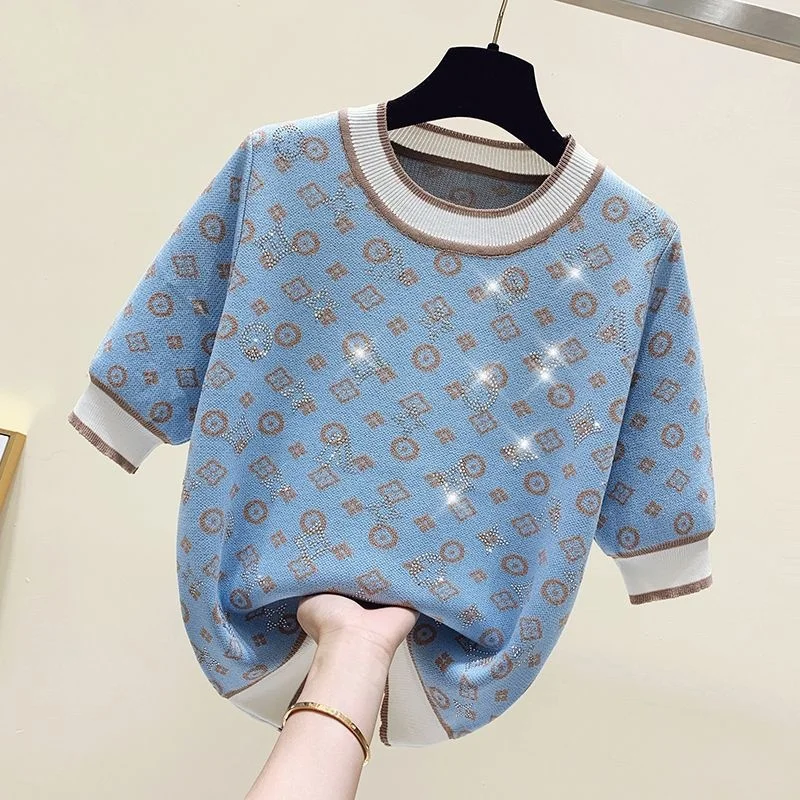2023 Spring Summer Women Sweater Fashion Short Sleeve Sweater Female Knit Glitter Stones T Shirt Femme Vintage Slim Summer Tops