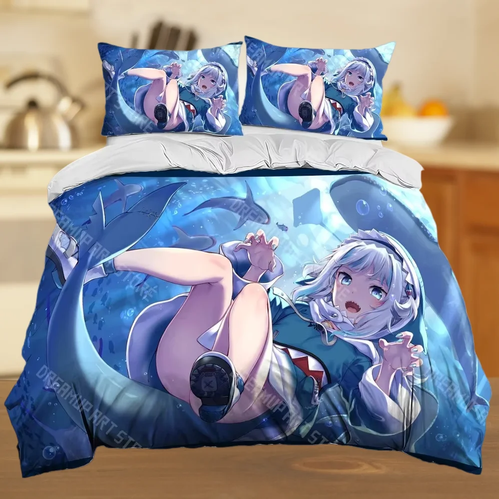 3D Printed Gawr Gura Anime Shark Bedding Set for Boys Girls Duvet Cover Pillowcase Twin Queen King Full Single Double Sizes