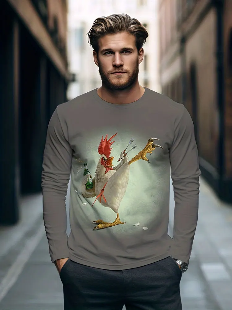 Men's Lion Long Sleeve T-Shirt 3D Gold Graphic Tee Black Animal Print Streetwear Casual Pullover Tops Gift New Hot Fashion