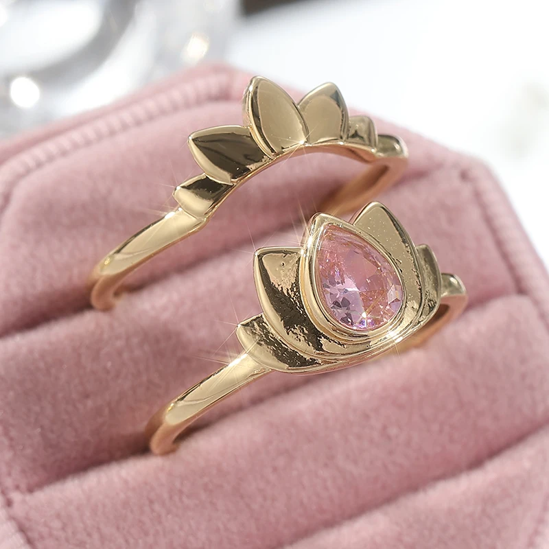 Modischer Goldfarben-Ringset mit Rosa CZ-Blumen und Wassertropfen-Design für Damen, Tägliches Tragen und Partyschmuck – Detail 2