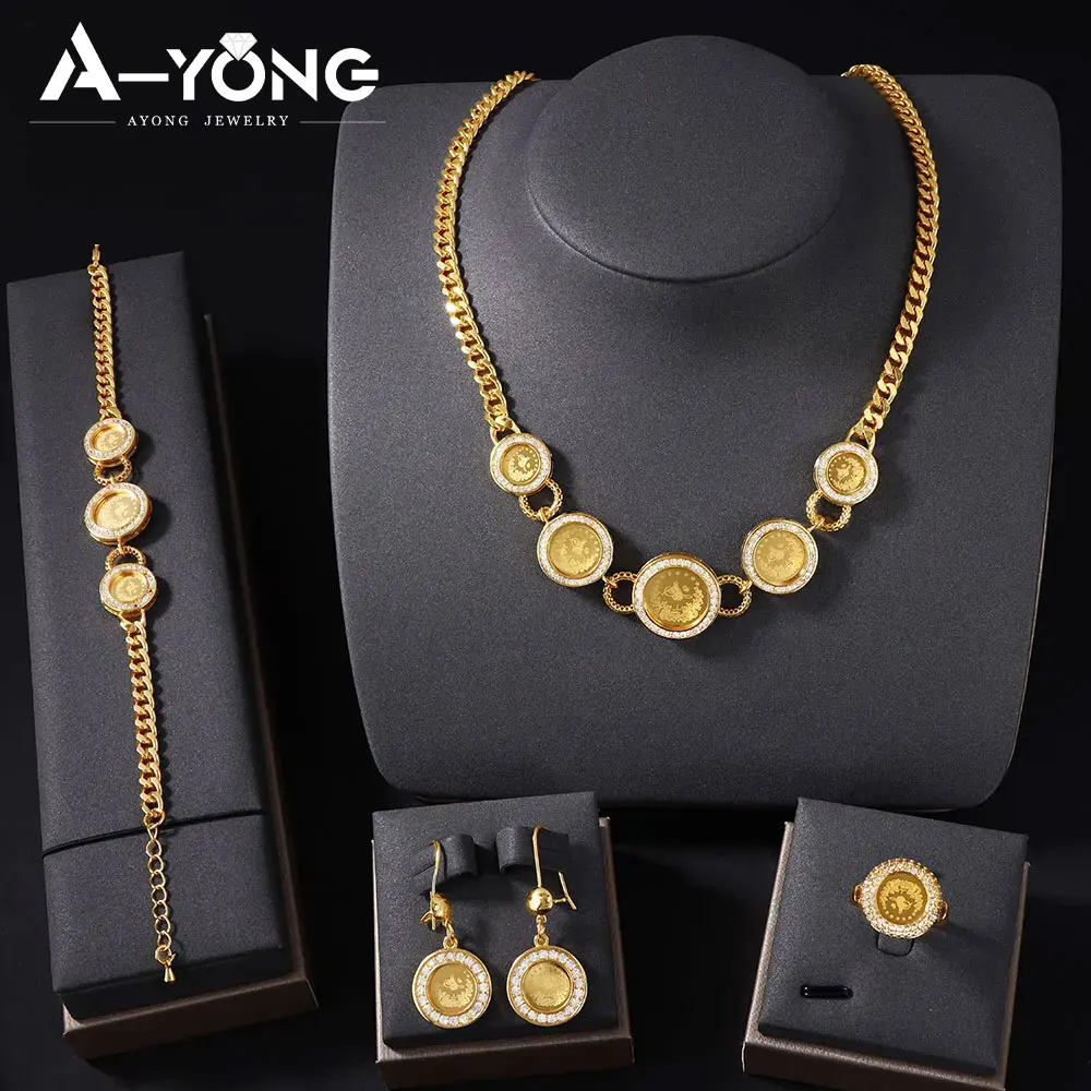 

Турецкие винтажные монеты, комплект ювелирных изделий, 21-каратное позолоченное арабское мусульманское ожерелье с цирконием, браслет, серьги, кольцо, свадебные украшения в Дубае