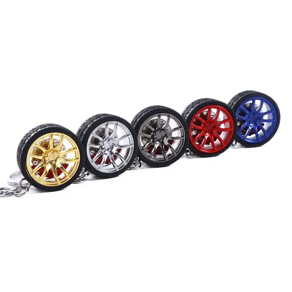 Simulation Tire Car Wheel Keychain Alloy Wheel Rim with Brake Disc Rubber Tire Keyring Auto Wheel Silicone Car Lover Gifts