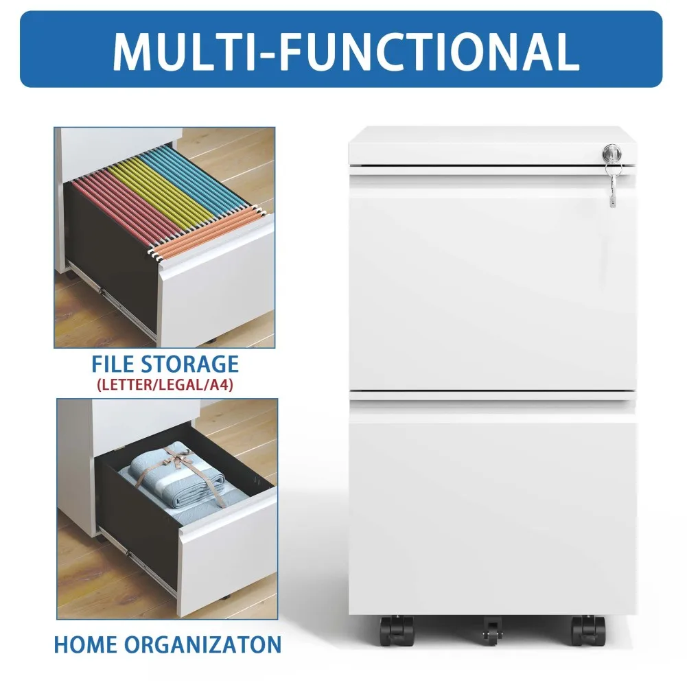 US STOCK 2 Drawer Mobile File Cabinet With Lock & 5 Wheels & Embedded Handle Commercial Vertical Cabinet For Home Office