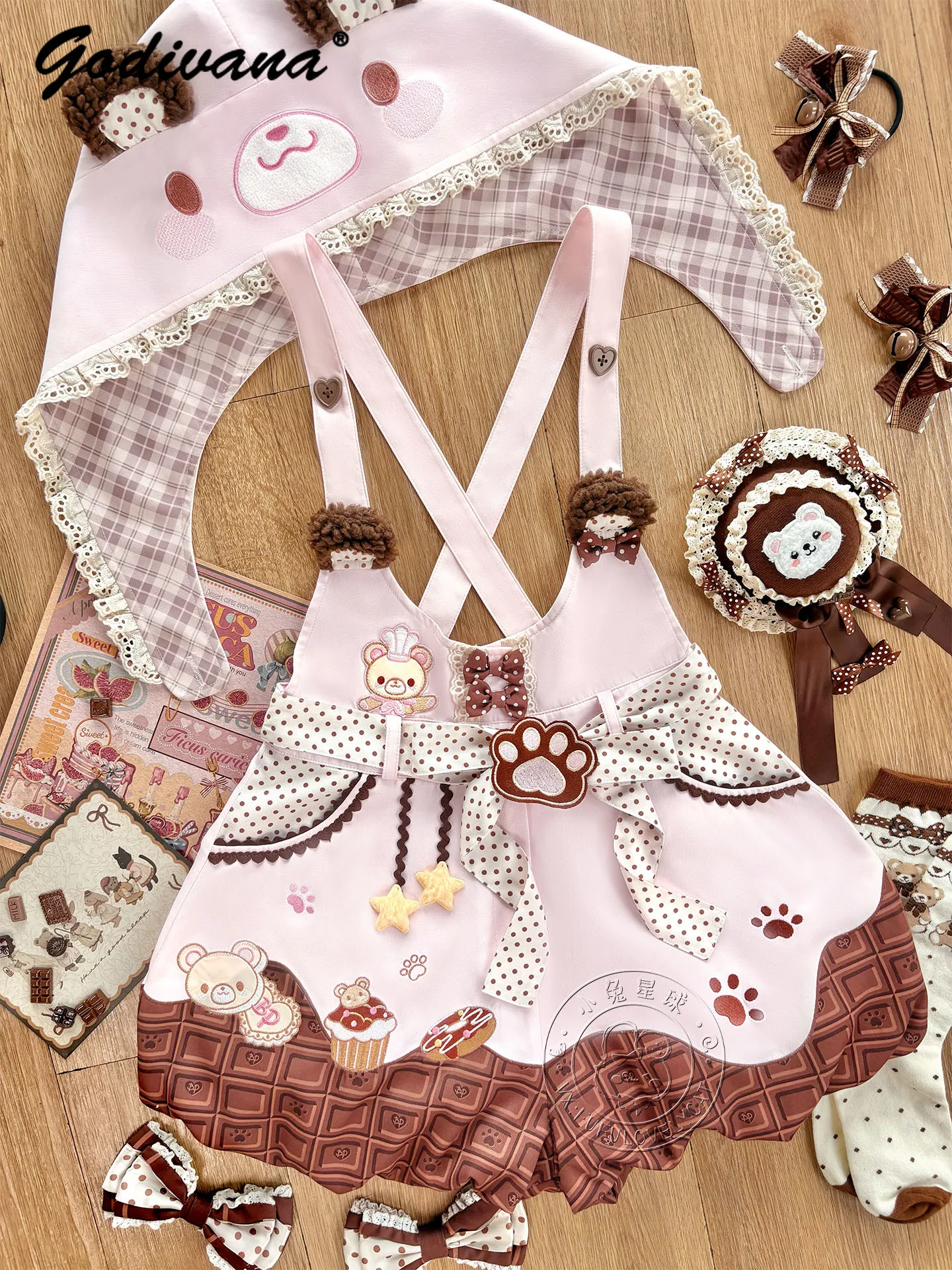 الأصلي ابنة فتاة دمية طوق كم طويل تي شيرت لطيف الكرتون الحمالة فستان الدب التطريز Kawaii الأشرطة برعم مجموعة تي شيرتات قصيرة للأطفال