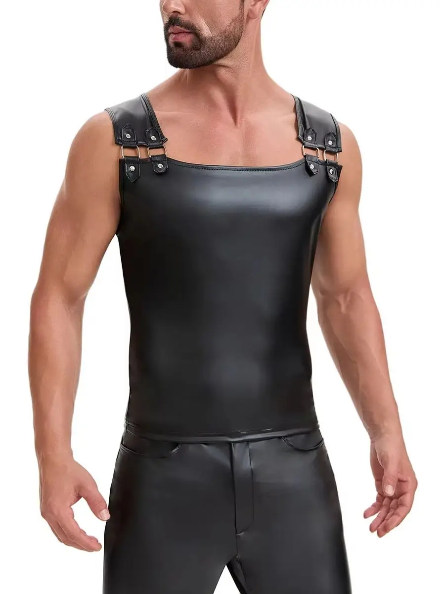 S-7XL Buckle Sleeveless Faux PU Leather Tank Top Tights Gym Muscle Shirt Tanktop Vest Cosplay Performance Waistcoat Hot Shapers