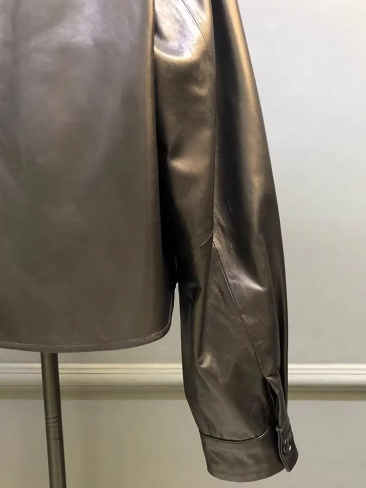 Veste d'automne en cuir véritable de mouton pour femme, simple boutonnage, col à revers de styliste, manteau de Style Punk, veste Streetwear décontractée