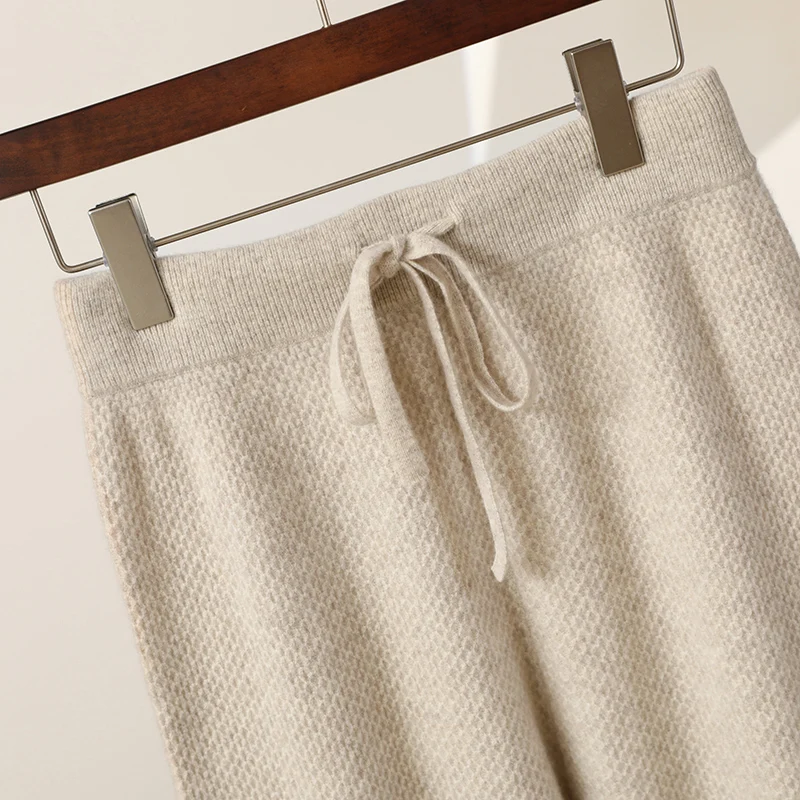 ผู้หญิงแคชเมียร์กางเกงขากว้างฤดูใบไม้ร่วงฤดูหนาว Basic Soft Casual Sashes กางเกงขนสัตว์ Merino 100% เสื้อถักรังผึ้งเข็มกางเกง