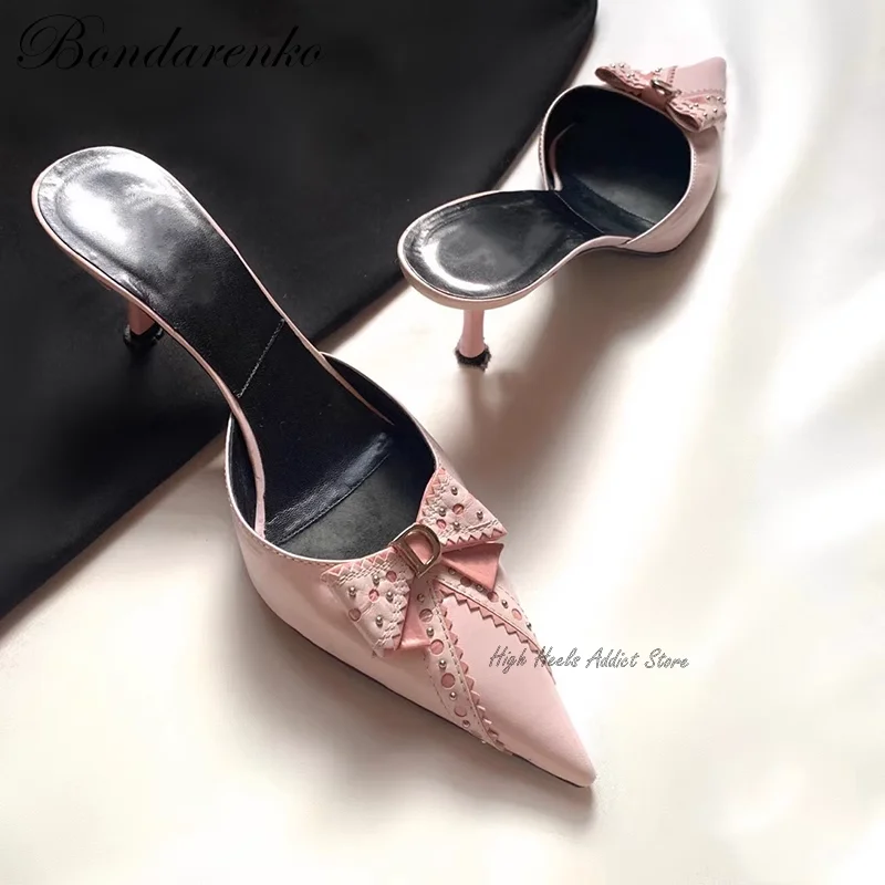 

Vintage Pink Bow Leather Mules Pointed Toe High Heels Slippers Women Summer Elegant Causal Party Dress Shoes Free Shipping