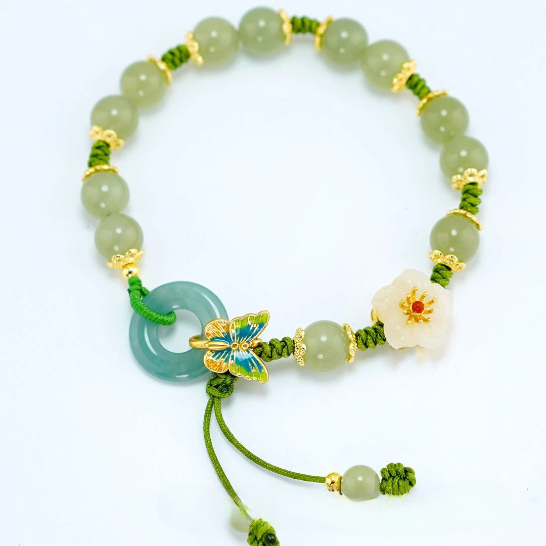 

Hand knotted DIY Jade Stone Jadeite Flower Anklets Charm Jewellery Fashion Accessories Chinese Carved Amulet Gifts for Women Men