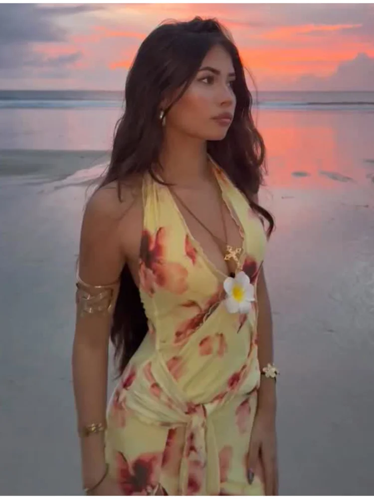 

Женское сексуальное платье с принтом и шнуровкой, шикарное, с V-образным вырезом, открытыми плечами, без спинки, плиссированное, с разрезом, для отпуска и пляжа, 2026