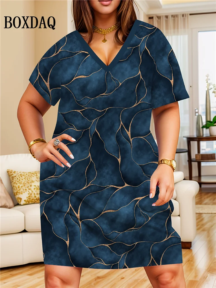 Women's Casual Fashion Loose Plus Size Dress V Neck Women Vintage Short Sleeve Flower Print Midi Dress Summer Clothing Big Sizes