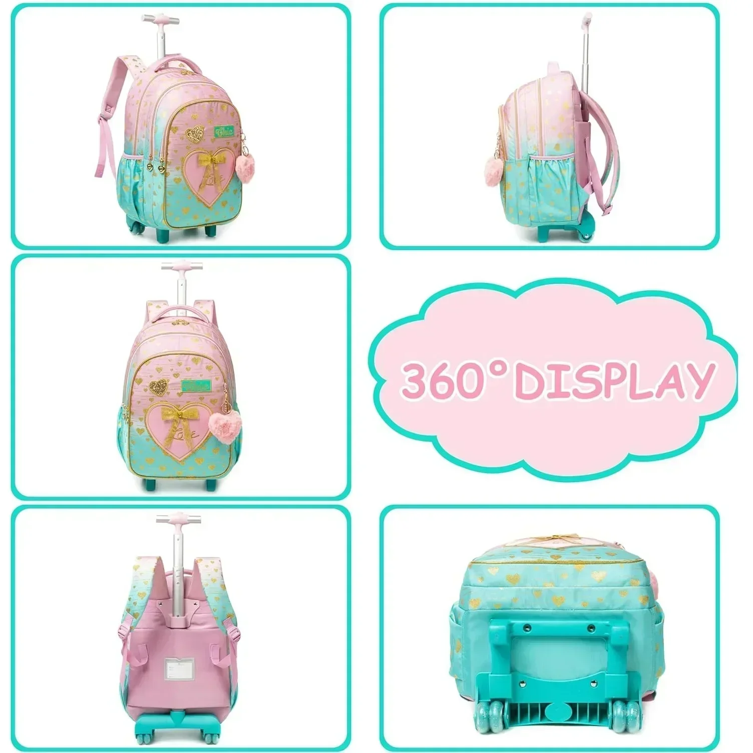 Mochila rolante para meninas, 3 peças, com lancheira isolada, carrinho de roda para bagagem escolar primária à prova d'água, presente de volta às aulas