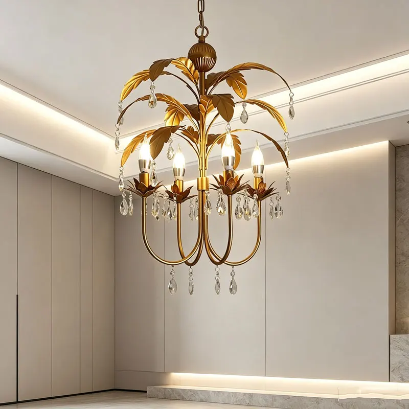Creative Retro Gold Metal Crystal Chandelier American Rural Living Room Dining Room Bedroom Cloakroom E14 Pendent Lights