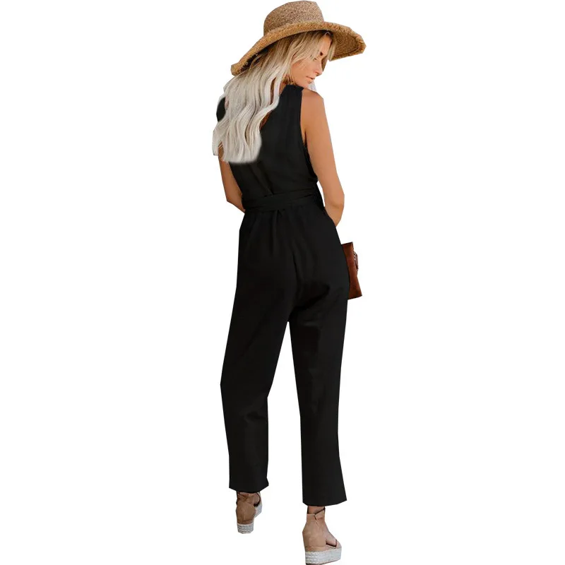 2024 Summer New Arrival Fashion Versatile Straps Solid Color Casual Wide-leg Waisted One-piece Nine-minute Pants Jumpsuit Pants