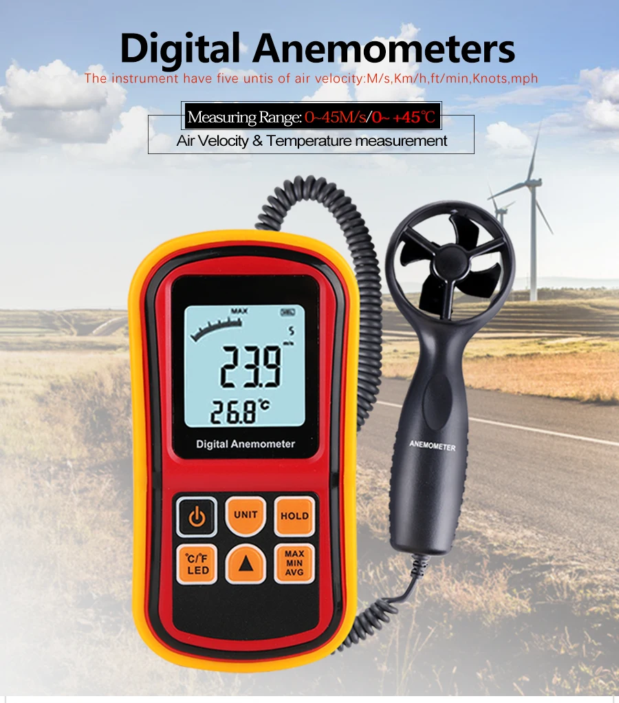 

RZ Anemometer Wind Speed Meter Digital Wind Meter Handheld Digital Air Velocity Range 0.18-45m/s Wind Speedometer Sensor