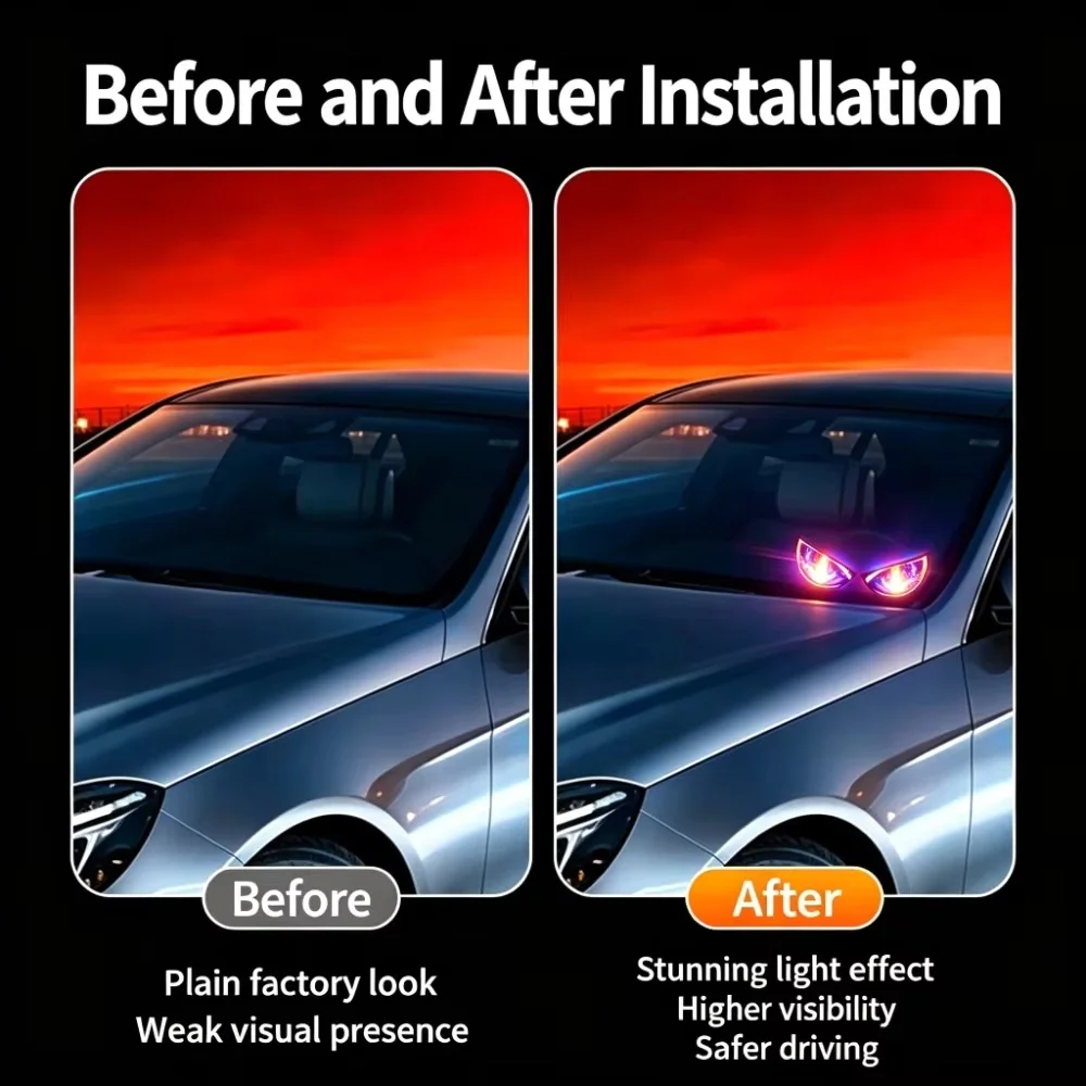 Wireless Solar Devil Eyes Car Light Suction Cup Vibration Sensor Dynamic Display Warning Lamp Auto Atmosphere Decor Light