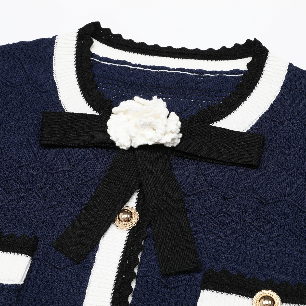 LEOSOXS High Quality Summer Autumn New Women Bow Color Blocked Knitted Cardigan Long Sleeve Top And Skirt Fashion Set