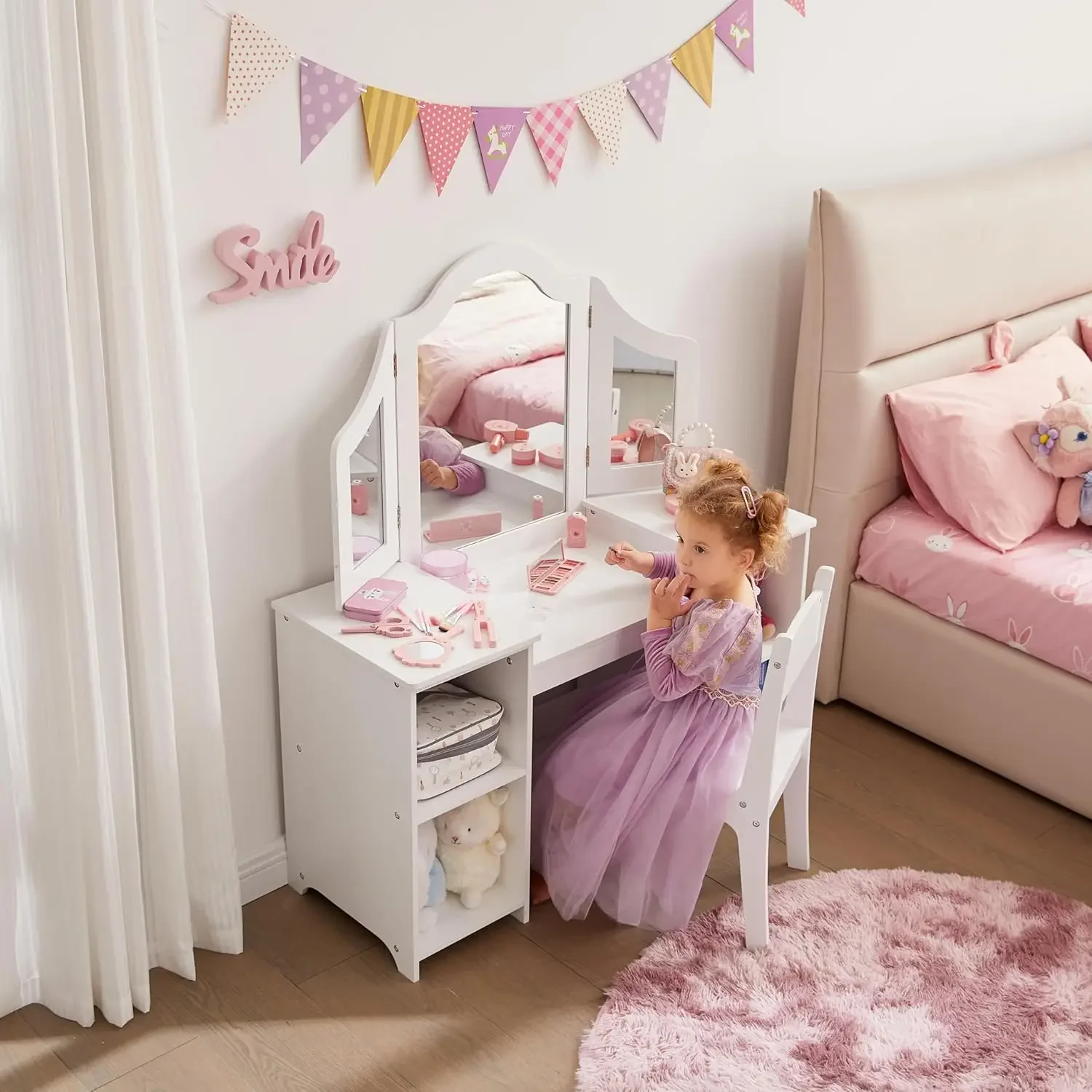 2 in 1 Kids Vanity Set, Princess Makeup Table and Chair with Open Storage Cabinet, Pretend Play Vanity with Detachable