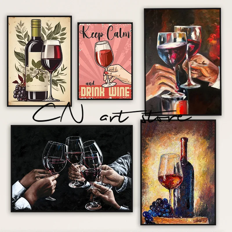 Retro Wine and Grapes Red Wine Bar Drink Alcohol Cocktail Art Posters Canvas Painting Wall Prints Pictures for Room Home Decor