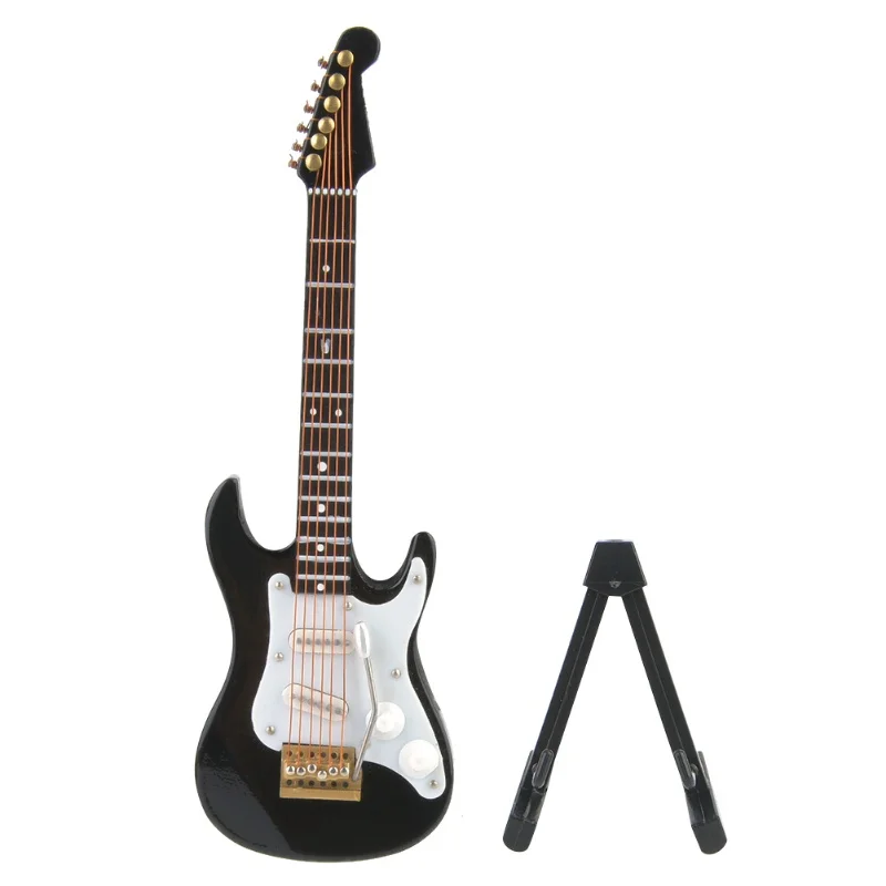 Delicate 14 Cm Mini  Wooden Electric Guitar Model Ornaments Collection With Stand(Black)