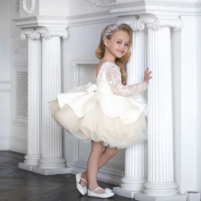 Formal Long Sleeve Sequins Lace Wedding Princess Dress Birthday Evening Bow Kids Dress for Girl Bridesmaid Children Fluffy Gown