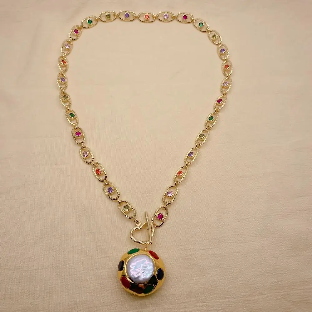 

Y·YING Cultured White Coin Pearl Multi Color Jad Pendatn Cz Pave Rosary Chain Choker Necklace