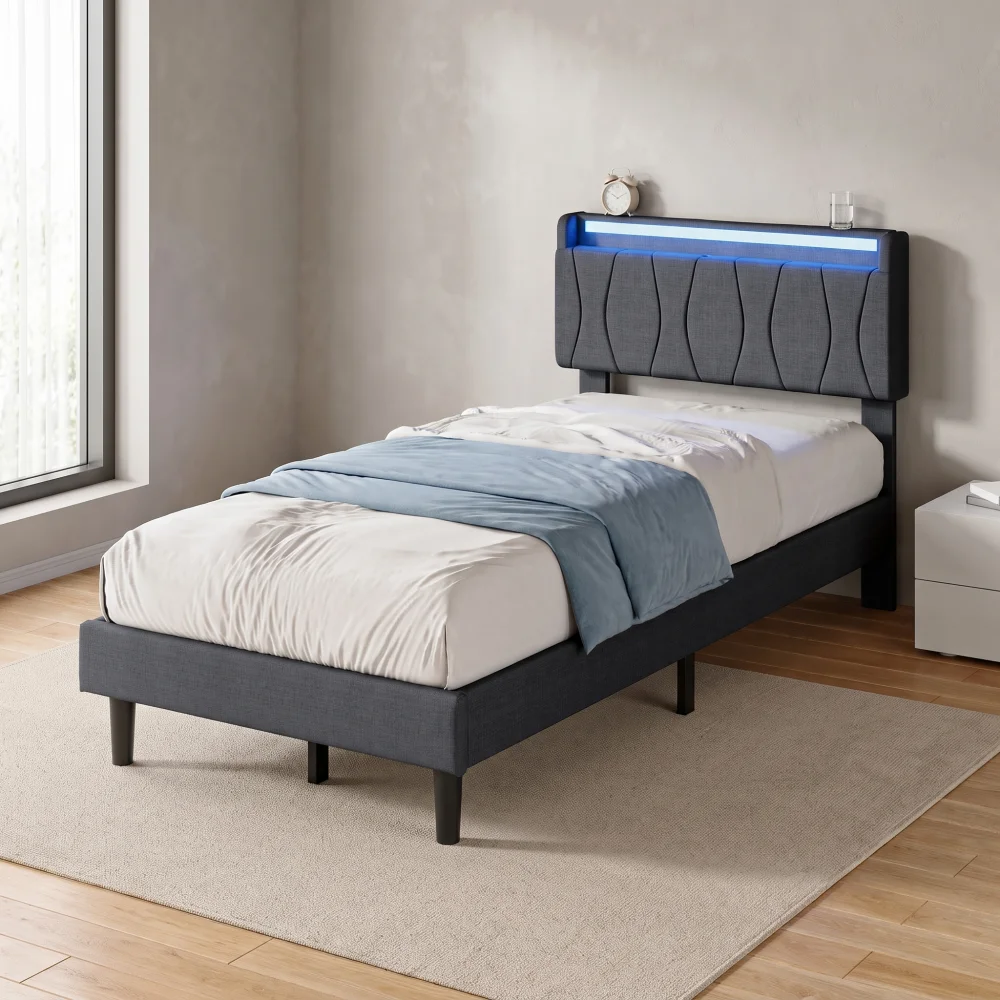 Letto per bambini Simurq, letto singolo 90x200 cm, letto imbottito, letto per ragazzi con testiera contenitore, struttura letto con testiera e rete a doghe, grigio.