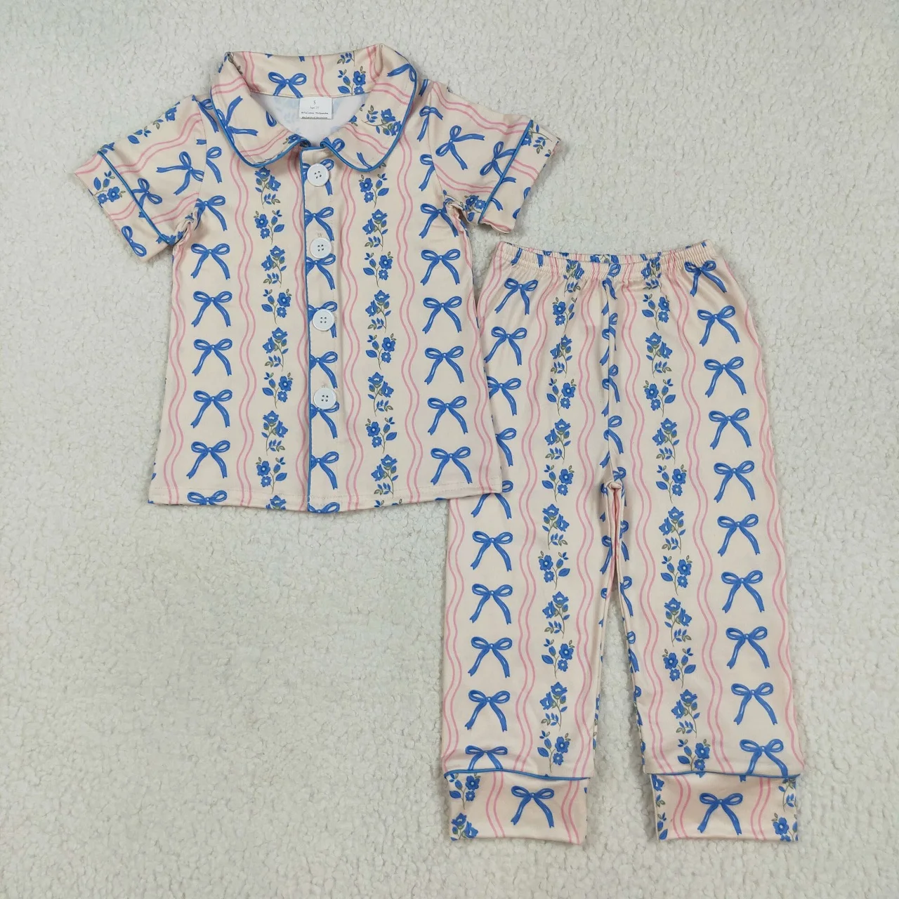 

Wholesale Children Toddler Outfit Pajamas Girl Blue Bows Flower Short Sleeves Shirt Baby Kids Pants Infant Sleepwear Clothing