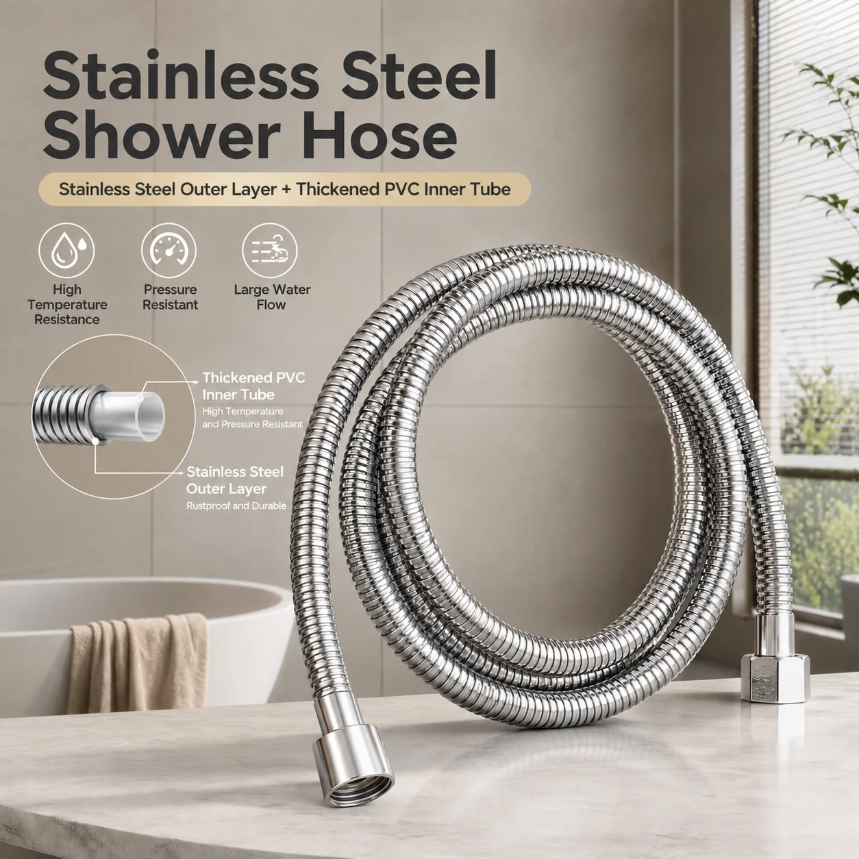 Stainless Steel Shower Hose Flexible Tubing Anti Kink Handheld Showerhead Replacement Leak Proof Universal Bathroom Parts