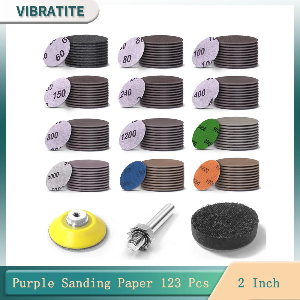 

123 Pcs 2 Inch Purple Sanding Paper Kit Wet Dry Hook & Loop Grit 60-10000 with Backing Pad and Foam Buffing Pad for Wood Metal