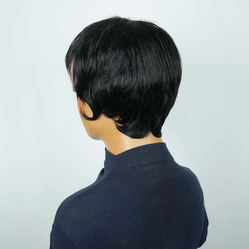 黒人女性用ショートピクシーカットウィッグ レミー人毛ストレート ブラックミックスピンクカラー レイヤードピクシー マシンメイドウィッグ 前髪付き