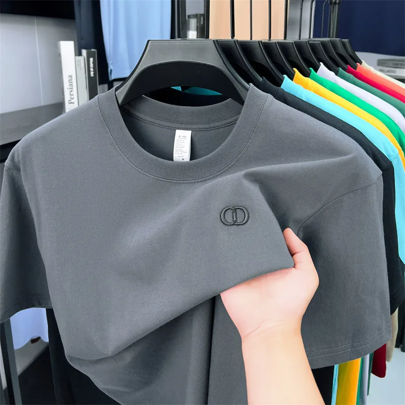 High End Brand Men's 100_ Cotton Letter Embroidered T-shirt Summer New Product Fashion O-neck Short Sleeved Top Casual Menswear
