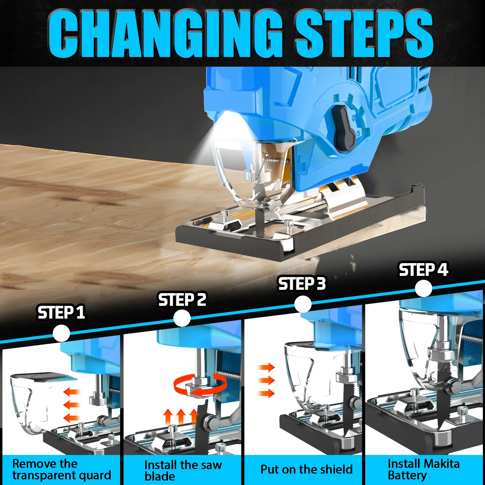 Cordless Jigsaw with 2pcs 5.5Ah Battery, Upgraded Brushless Motor Jigsaw with 4pcs Blades&LED Light, for Wood Metal Cutting