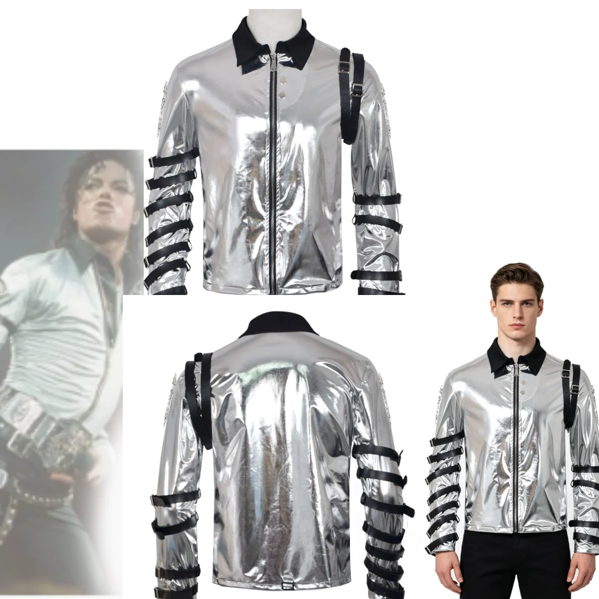 

Michael Jackson Cosplay Costume Silver Leather Outfit Classic Stage Performance Wear Halloween Party Dress Up for Woemn Man