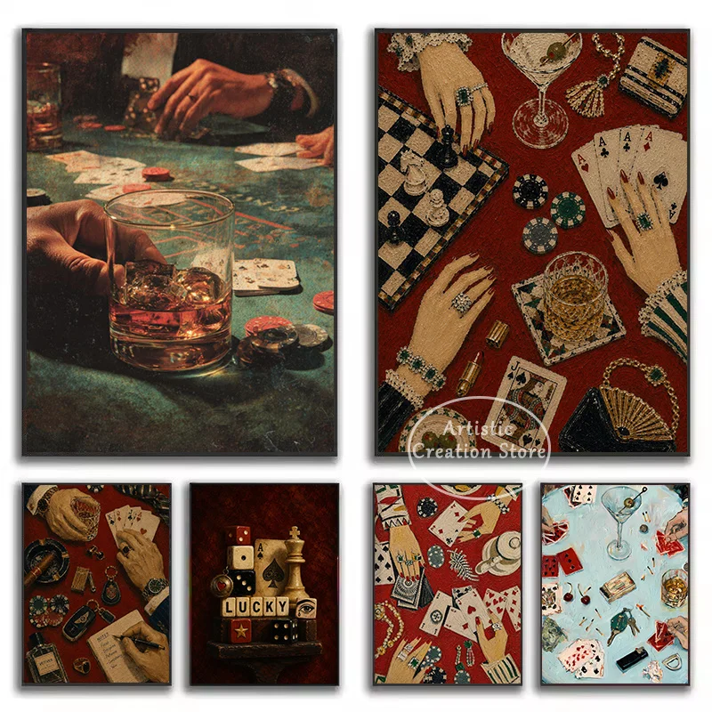 Vintage Luxury Casino Table Poker Cards Lucky Dice Whiskey Cigar Aesthetic Poster Canvas Painting Wall Pictures Home Decor