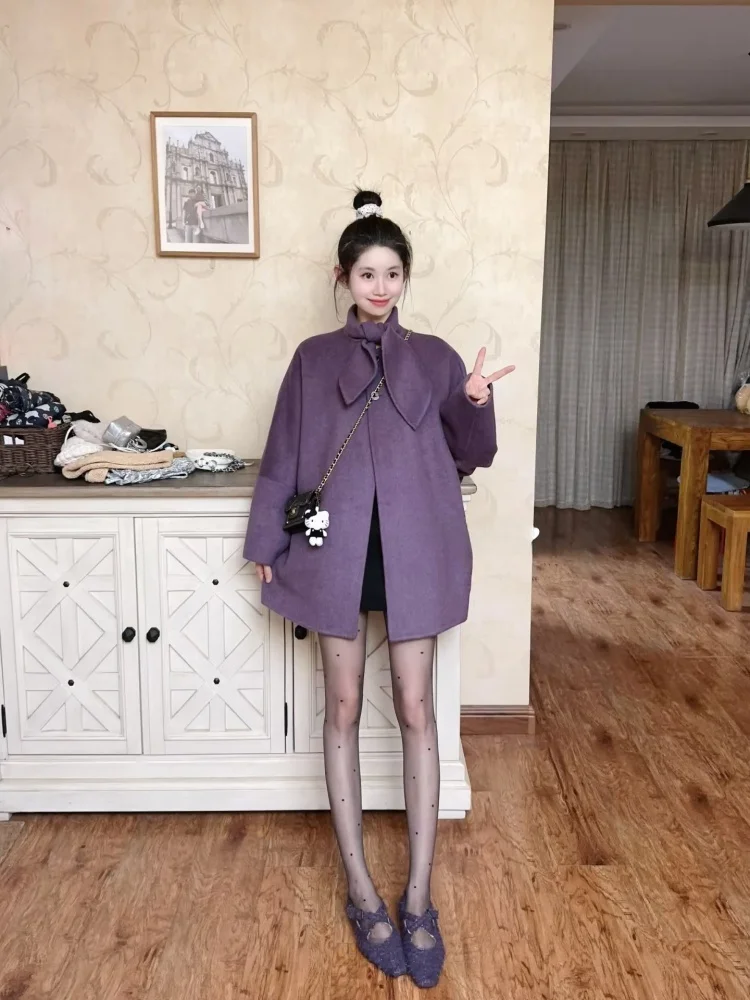 

Ele Purple Woolen Coat Women's Mid-Length Turn-down Collar Outerwear Korean Sle Loose Fit Thiened Winter New Arrival