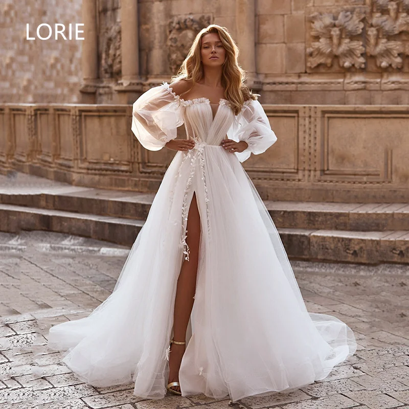 

LORIE Sexy A-line 3D Flower Applique Wedding Dresses V-Neck Puff Sleeves Bridal Gown Side Split Wedding Gowns Customized 2025