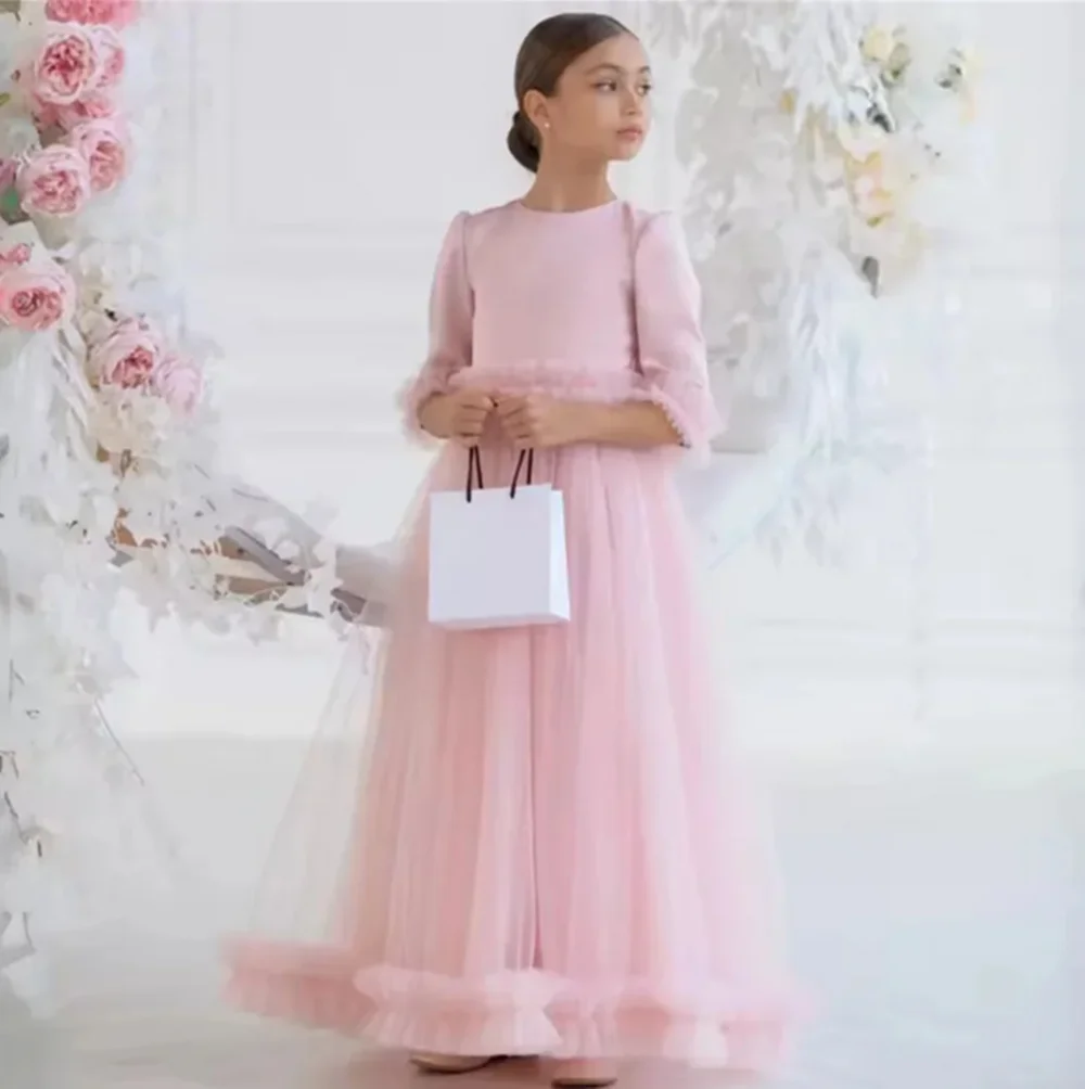 

Customized Pink Flower Girl Dresses For Wedding Half Sleeves With Bow O-Neck Kids Birthday Party First Communion Pageant Gown