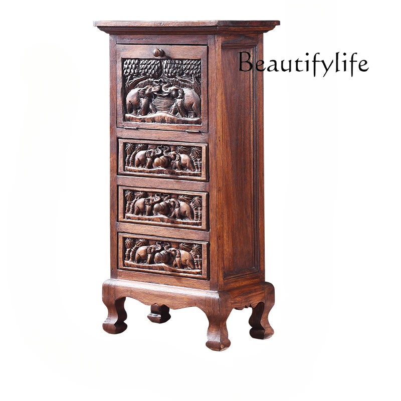 

Thai Embossed Elephant Storage Four-Bucket Cabinet Southeast Asia Solid Wood Collection Chest of Drawer Bedroom
