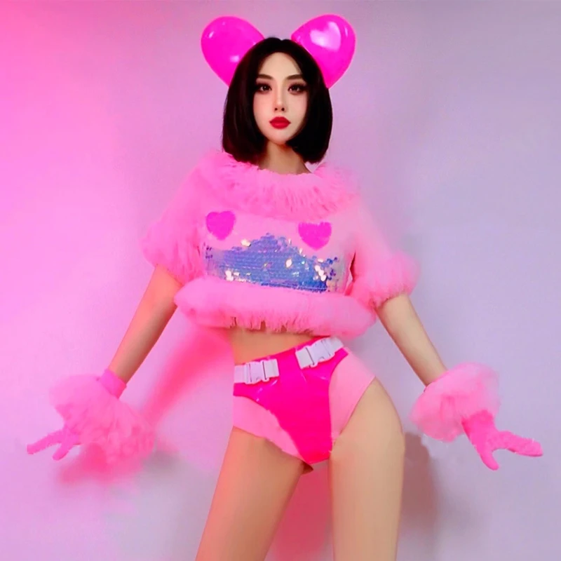 Women's Sexy Pink Sequin Dance Outfit Shiny Stage Performance Lead Dancer Jazz Clothes for Club Party Festival Rave Stage Wear