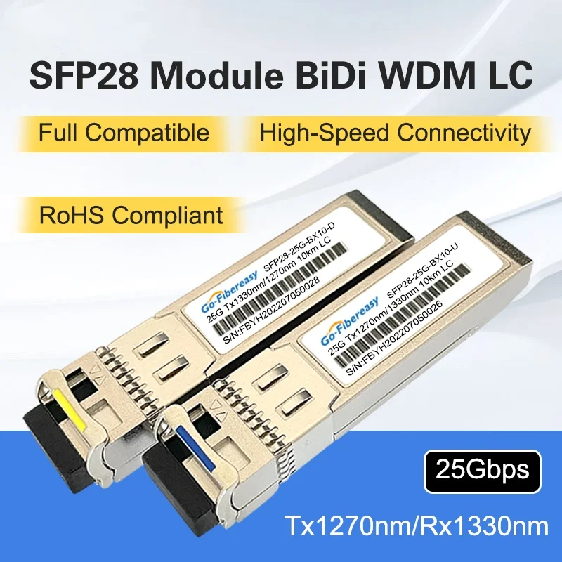 

25Gb SFP28 BiDi Transceiver Module 25Gbase-BX-U/D Tx1270/Rx1330nm 10km\20km\40km Single LC/UPC 25Gbps SFP28 Optical Module