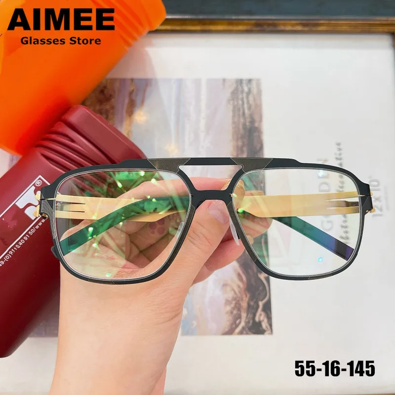 German Brand Men's Big Size Double-Beam Pilot Prescription Eyeglasses Business Stainless Steel Ultralight Glasses Frame Optical