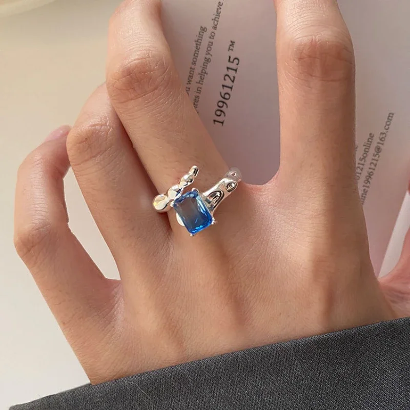 

S925 Sterling Silver Ring Women's Irregular Two tone Stone Cross Edge Ring Blue Gem Designer J102X