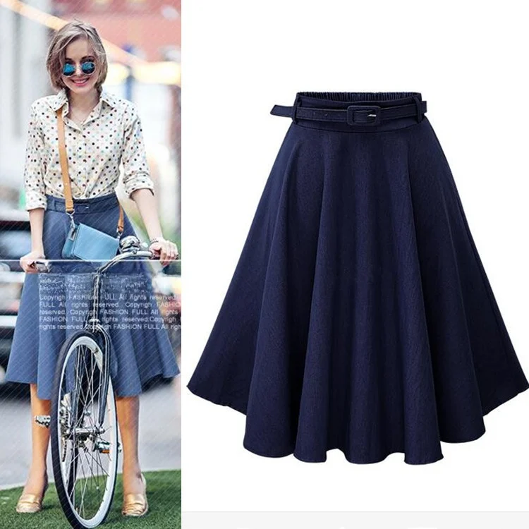 

Модная женская джинсовая юбка Street Sle, длинная юбка с высокой талией, однотонная осенняя модная повседневная юбка с поясом больших размеров