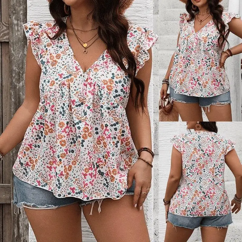 

plus Size Summer Women's Blouse Floral Print Loose Fit irt V-Ne Svel Large Size Clothing Office Lady Sle