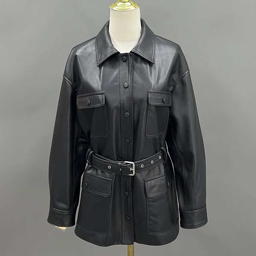 JANEFUR Cappotto da donna in vera pelle da ufficio da donna a vita alta retrò casual giacca in vera pelle di pecora autunno inverno JFB6-25009
