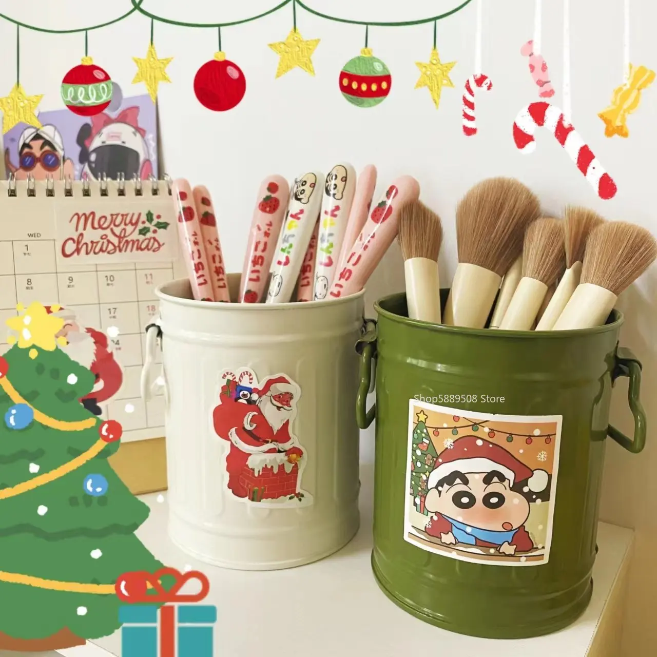 Art Student Christmas Pen Holder Iron Desktop Trash Can American Snack Jar Art Sense Dormitory Makeup Brush Stationery Storage