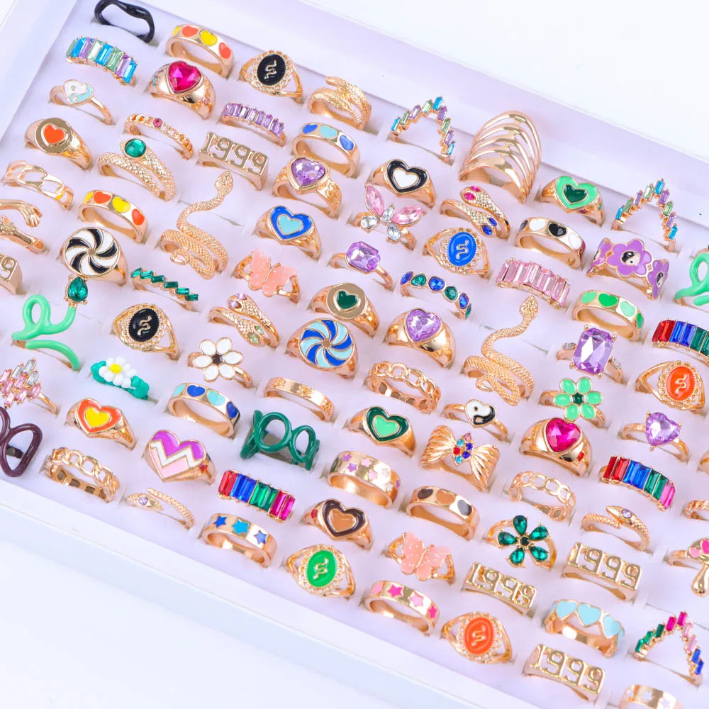 10/20/30/50Pcs/Lot Fashion Elegant Charm Diverse Design Butterfly Snake Rhinstone Rings for Women Jewelry Party Gift Accessories